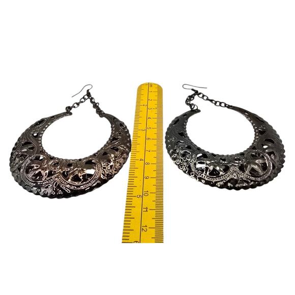 Crescent Moon Earrings Hoop Dangle Pierced Filigree Charcoal Black Statement 4" - Picture 5 of 5